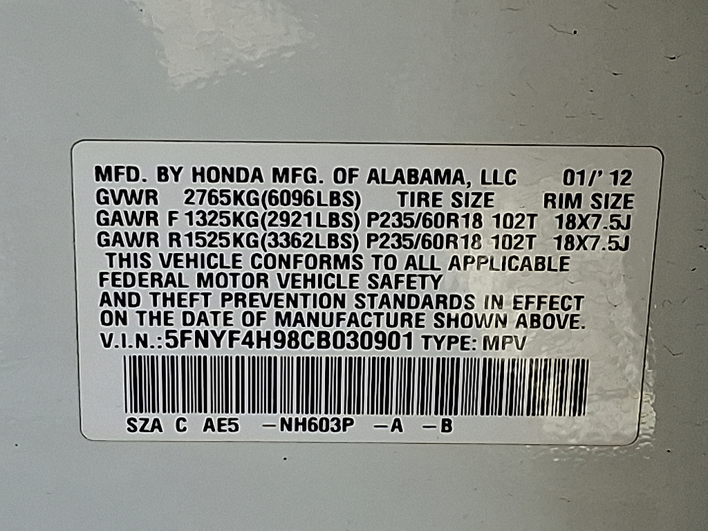 2012 Honda Pilot Touring WHITE DIAMOND PEA at Diehl Automotive